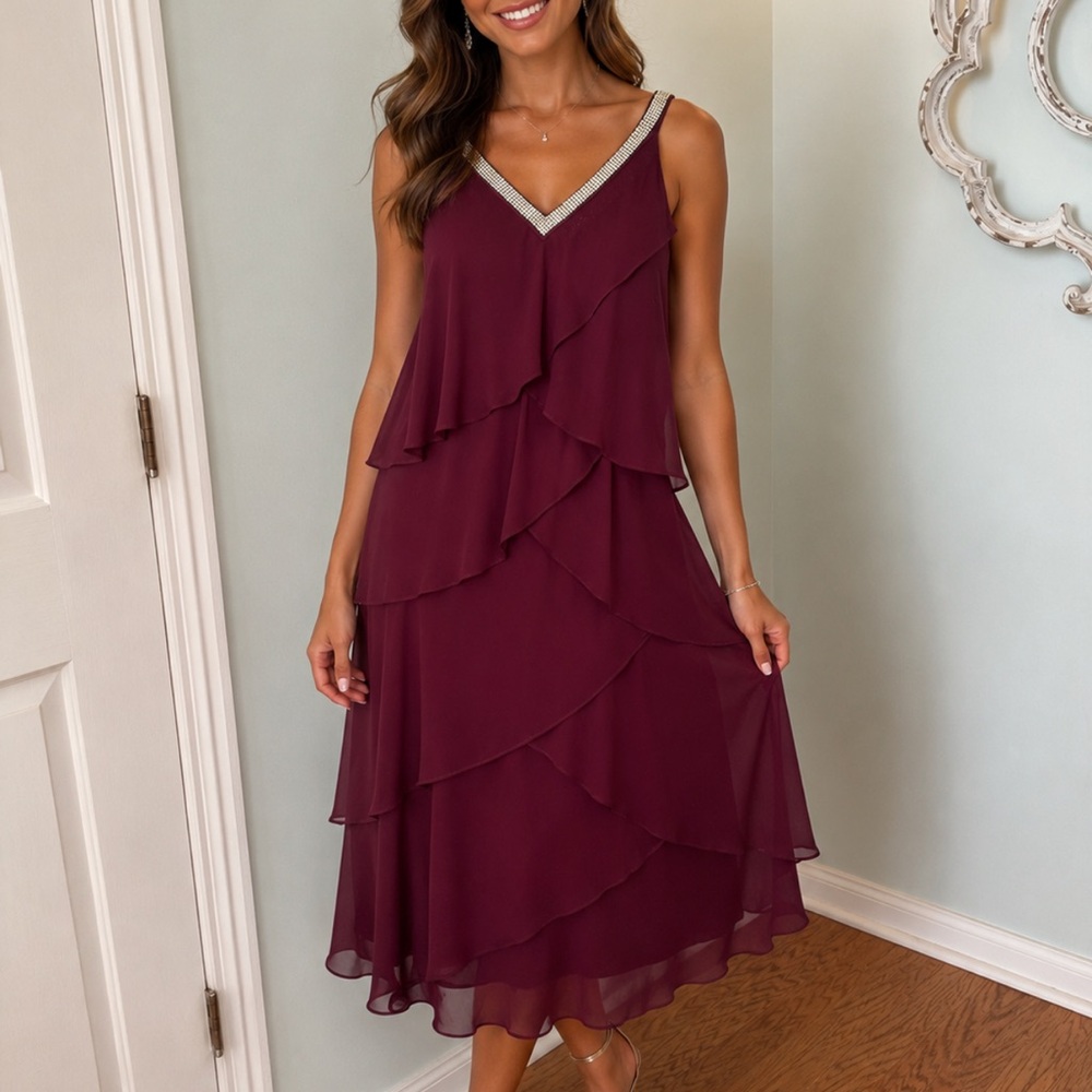 SLNY size 14 formal sWomen's Burgundy Tiered V-Neck party Dress